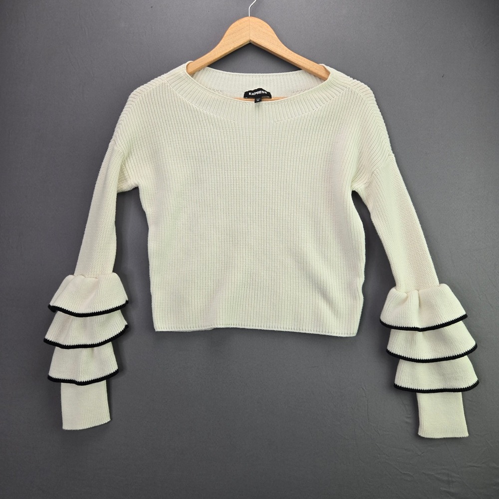 Express Sweater Ruffle Sleeve Tiered Ribbed Knit XS Ivory Black Trim Cotton Top
